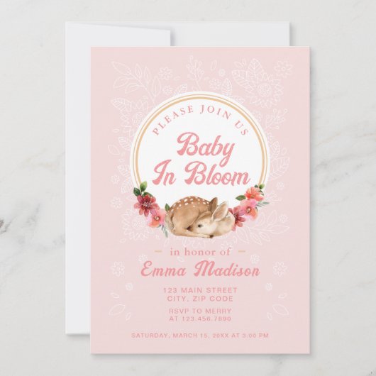 Faire-part de douche rose Bébé en fleurs Cerf de l (Devant)