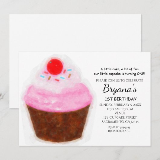Faire-part de fête à l'aquarelle Cupcake & Cerise (Devant / Derrière)