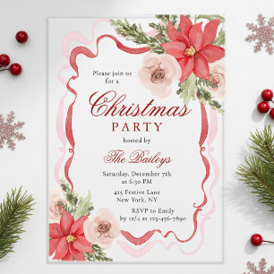 Faire-part de fête de Noël élégant Poinsettia Rose