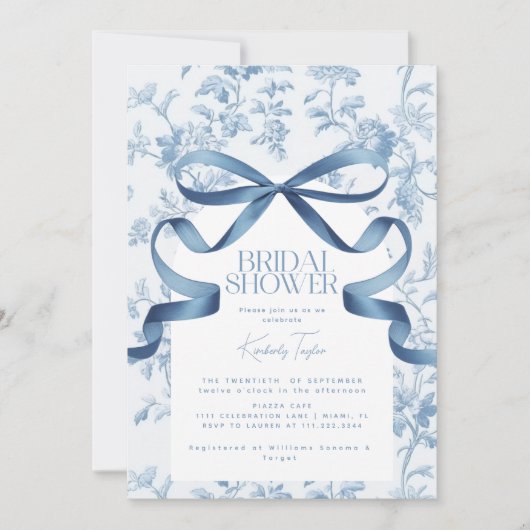 Faire-part de fiançailles à ruban bleu Toile De Jo (Devant)
