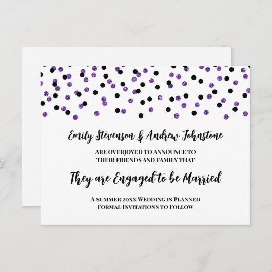 Faire-part de Fiançailles de Confetti violet noir (Devant / Derrière)