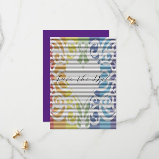 faire-part de fiançailles en dentelle arc-en-ciel (Devant/Arrière en situation)