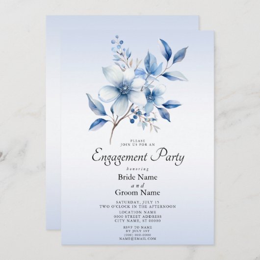 Faire-part de fiançailles Fleurs Bleues Botaniques (Devant / Derrière)