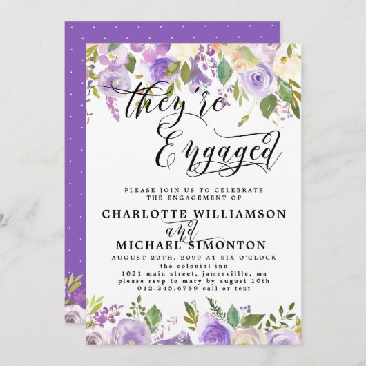 Faire-part de Fiançailles floral violet et blanc (Devant / Derrière)