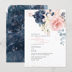 Faire-part de fleurs rose poudré et marine à l'aqu