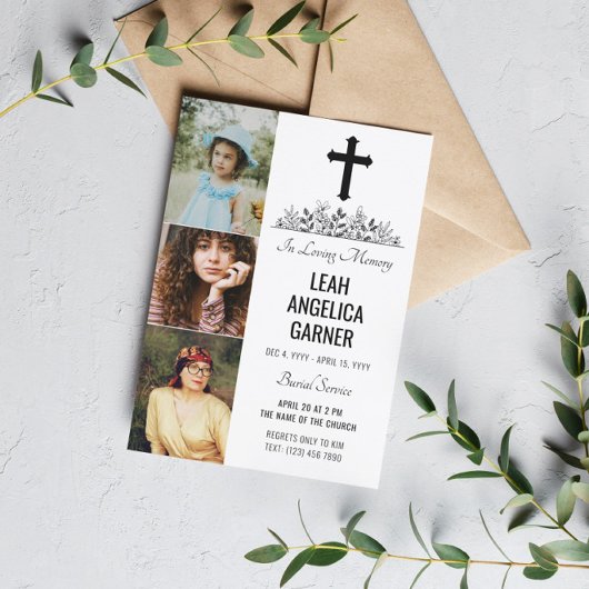 Faire-part de funérailles blanc avec une croix noi