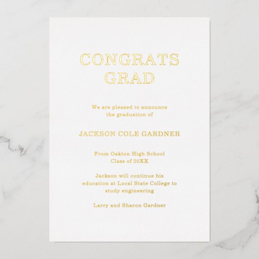 Faire-part de graduation classique simple en or (Recto)