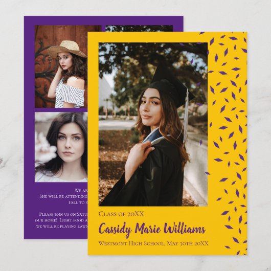 Faire-part de graduation Confetti Gold Purple (Devant / Derrière)