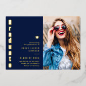 faire-part de graduation de feuille bleue et d'or (Recto)