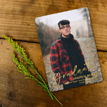 Faire-part de graduation de la photo de script sim<br><div class="desc">Faites savoir au monde que vous l'avez fait...  vous avez obtenu votre diplôme,  avec ces cartes de faire-part de graduation pressées de papier à feuille moderne et design. Modifiez facilement la photo et le libellé du modèle pour rendre ces cartes uniques à vous.</div>