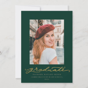 Faire-part de graduation de script vert et or