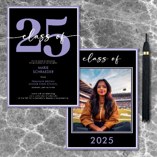 Faire-part de graduation de script violet moderne