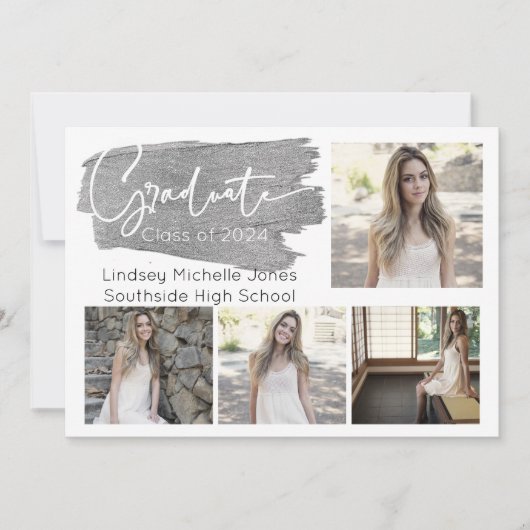 Faire-part de graduation en argent et invitation à (Devant)
