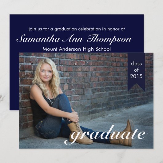 Faire-part de graduation en bleu de la marine clas (Devant / Derrière)