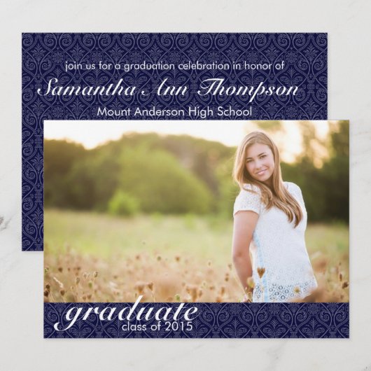 Faire-part de graduation en bleu de la marine clas (Devant / Derrière)