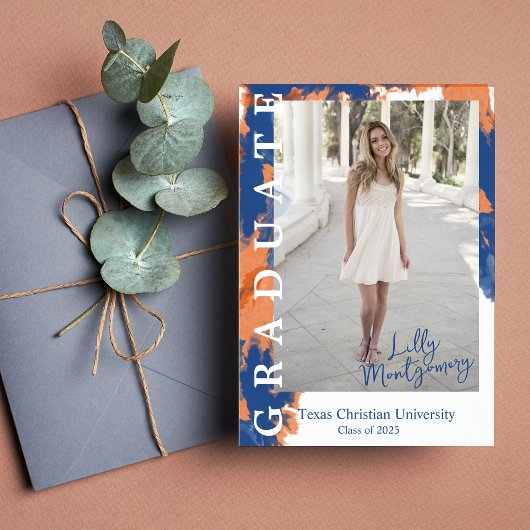 Faire-part de graduation en marbre orange et bleu