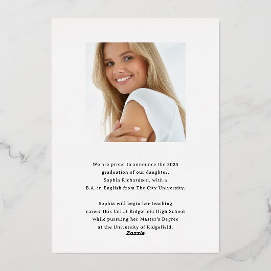 Faire-part de graduation en or à script lunaire (Verso)