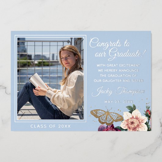 Faire-part de graduation en or bleu clair (Recto)