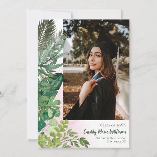 Faire-part de graduation en rose botanique tropica (Devant)