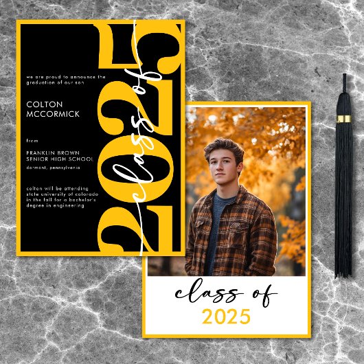 Faire-part de graduation en typographie jaune mode