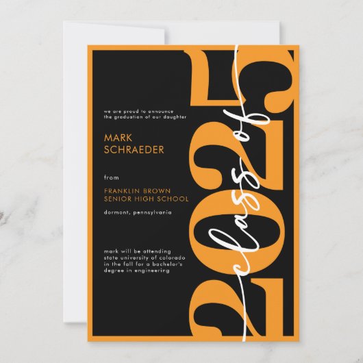 Faire-part de graduation en typographie orange mod (Devant)