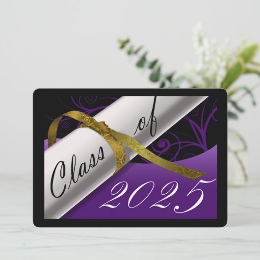 Faire-part de graduation en violet et en or (Debout devant)