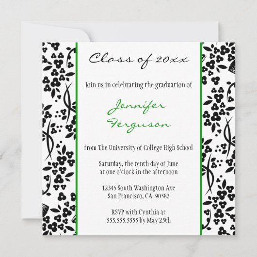 Faire-part de graduation florale verte noire (Devant)