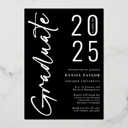 Faire-part de graduation moderne Black Silver 2025 (Recto)