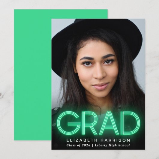 Faire-part de graduation moderne en néon vert (Devant / Derrière)