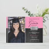 Faire-part de graduation moderne rose et noir (Debout devant)
