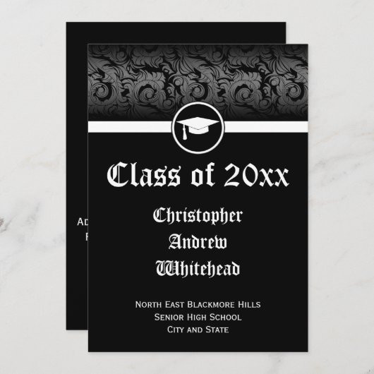 Faire-part de graduation noire classique (Devant / Derrière)