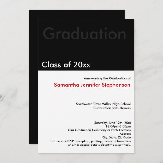 Faire-part de graduation noire minimilast moderne (Devant / Derrière)