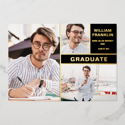 Faire-part de graduation photo Black and Gold Foil (Recto)