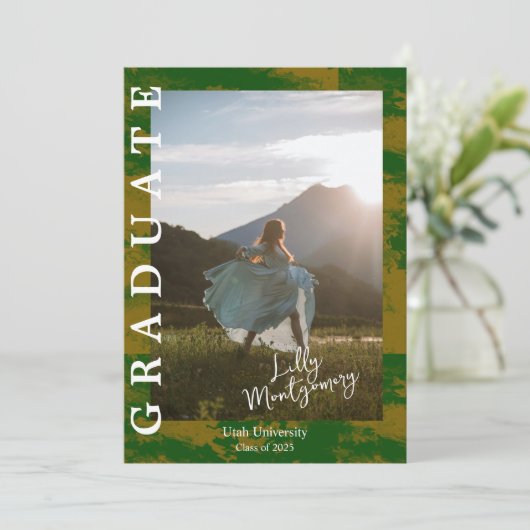 Faire-part de graduation photo en marbre vert (Debout devant)