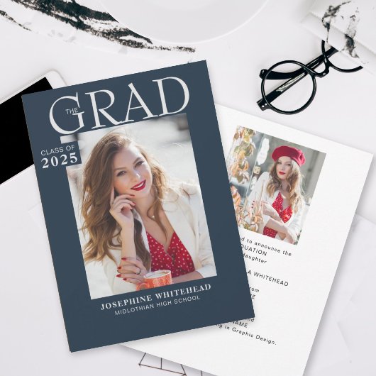 Faire-part de graduation photo moderne bleu marine