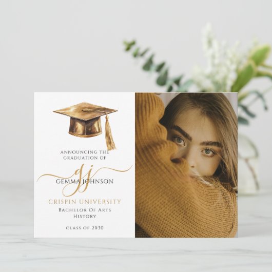 Faire-part de graduation photo moderne Gold Script (Debout devant)