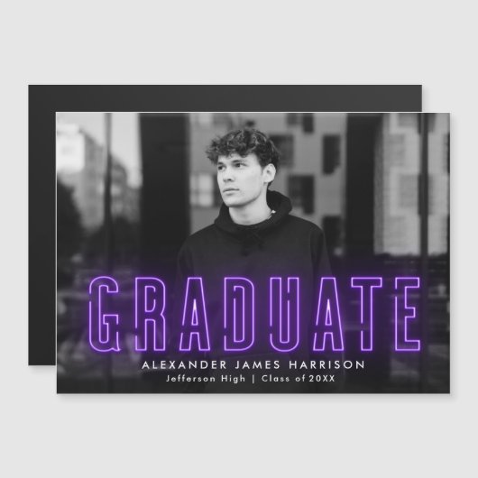 Faire-part de graduation photo moderne violet néon (Devant / Derrière)