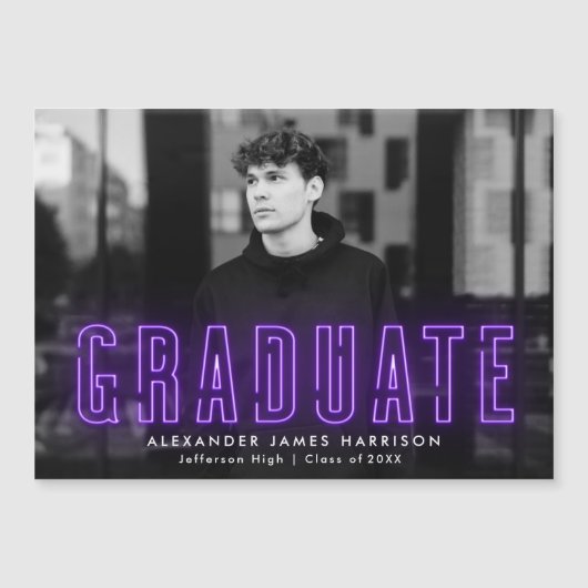 Faire-part de graduation photo moderne violet néon (Devant)