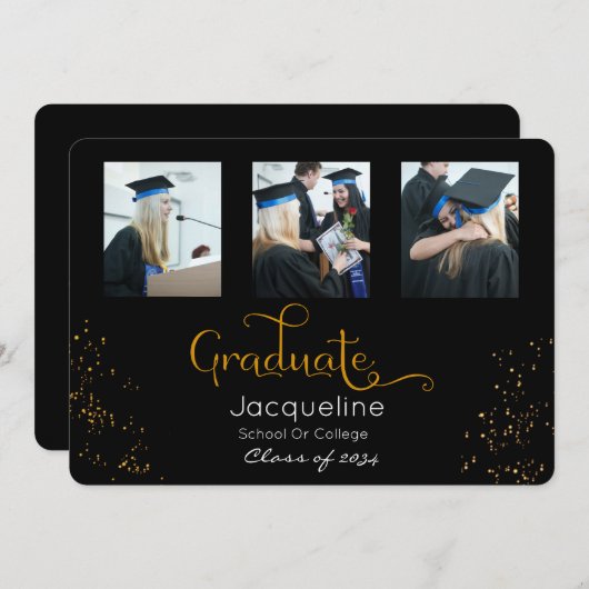 Faire-part De Graduation Photo Noir Et Or (Devant / Derrière)