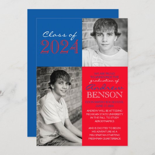 Faire-part de graduation photo rouge et bleu 2 (Devant / Derrière)