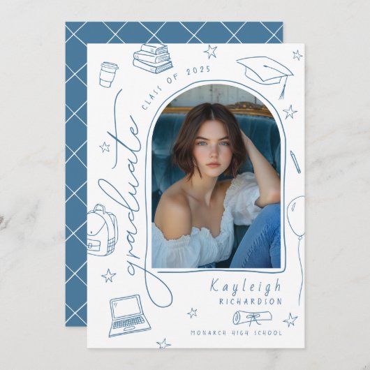 Faire-part de graduation photo Whimsical dessinée (Devant / Derrière)