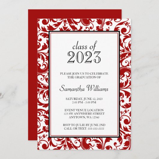 Faire-part de graduation Red et Black Swirl Damask (Devant / Derrière)