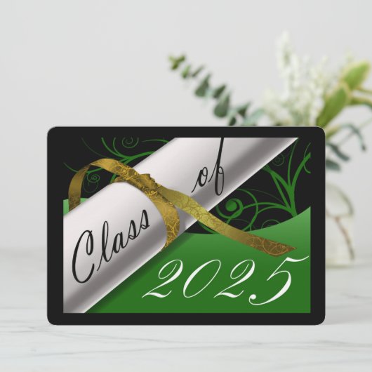 Faire-part de graduation verte et or (Debout devant)