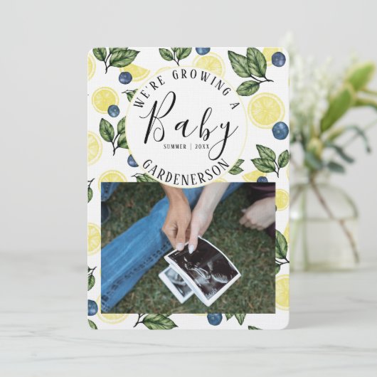 Faire-part de grossesse citron bleuet (Debout devant)