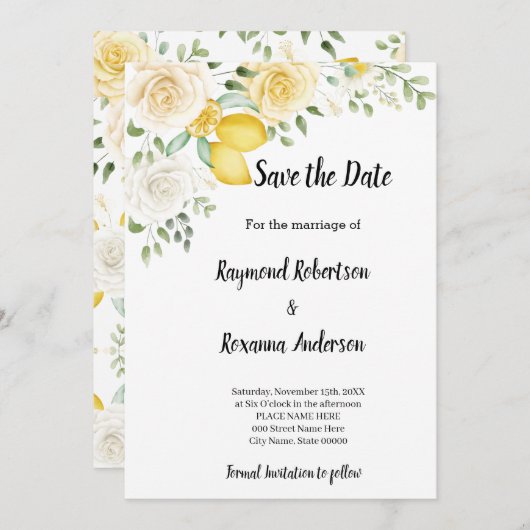Faire-part de Lemons & Roses Save the Date (Devant / Derrière)
