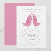 Faire-part de mariage 2 Oiseaux Roses pour annonce (Devant / Derrière)