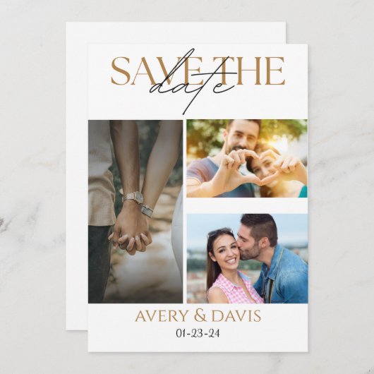 Faire-part de mariage à 3 photos en collage Save T (Devant / Derrière)