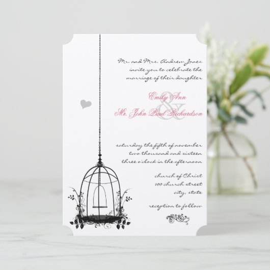 Faire-part de mariage à accents rouges Cage à oise (Debout devant)