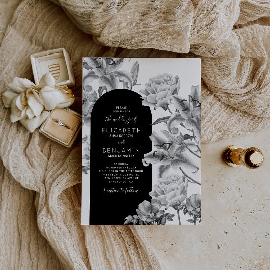 Faire-part de mariage à arche floral noir et blanc
