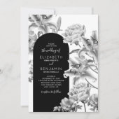 Faire-part de mariage à arche floral noir et blanc (Devant)